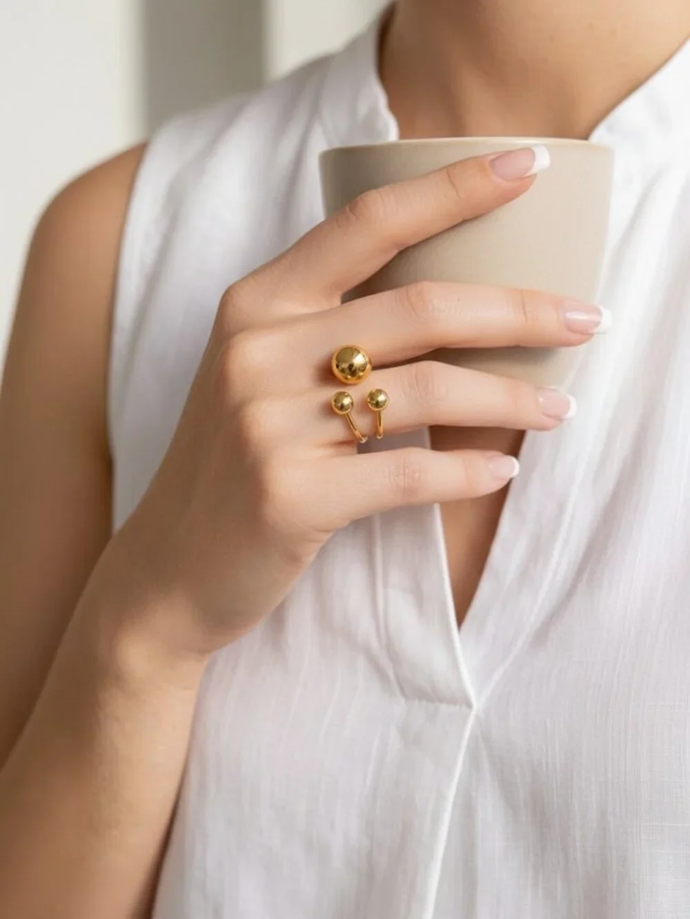 18K Gold Plated Stainless Steel Triple Ball Sphere Open Wrap Ring Minimalist 6